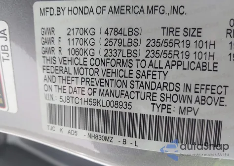 2019 Acura Rdx Technology Package from USA, damaged, VIN 5J8TC1H59KL008935